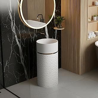 Plantex Acrylic Resin & Quartz Pedestal Basin for Bathroom/One Piece Pedestal Free Standing Round Wash Basin for living Room/Hotel (Beige)