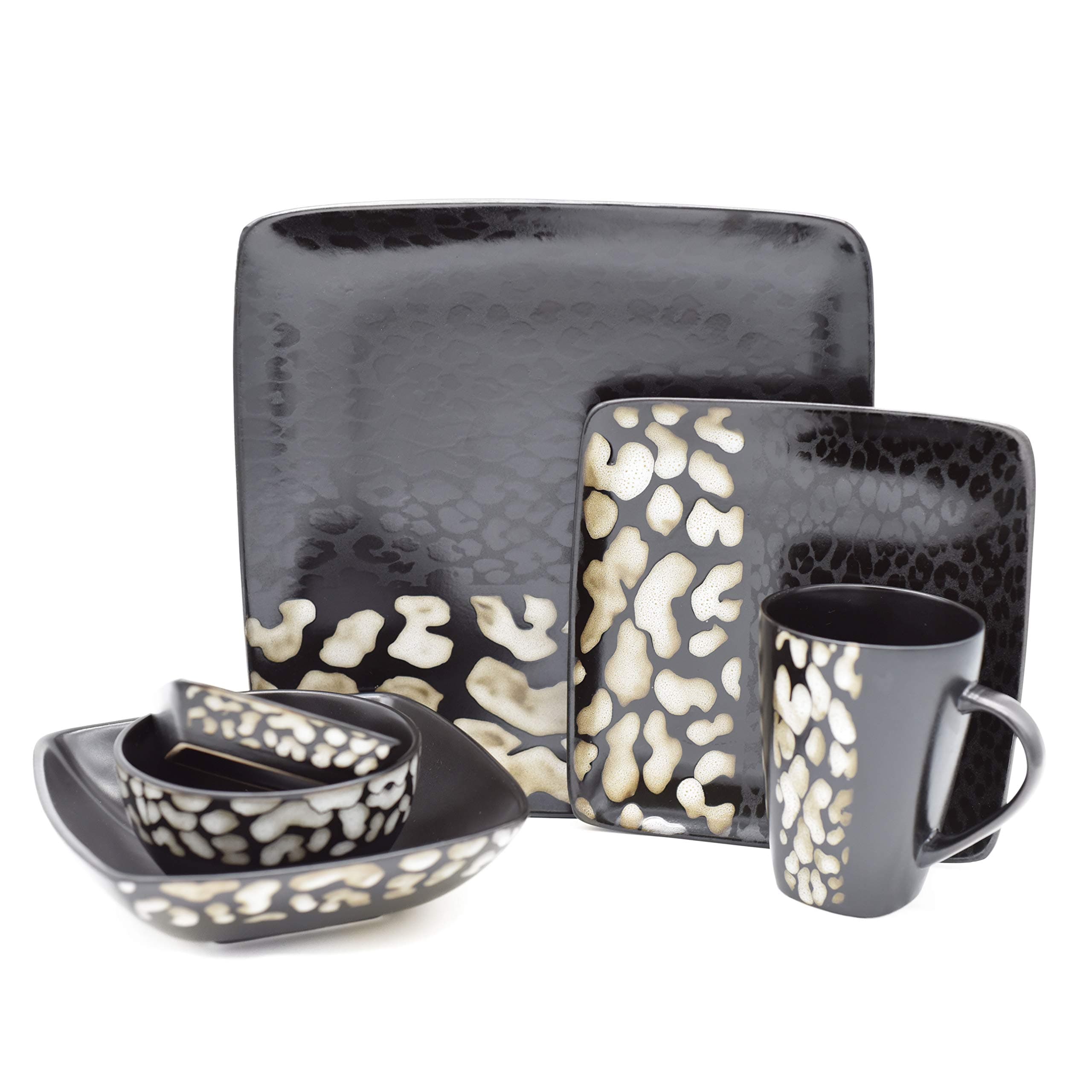 Dorcas 6-Piece Kitchen Dinnerware Set Service,Plates, Bowls, Mug (Black Leopard)