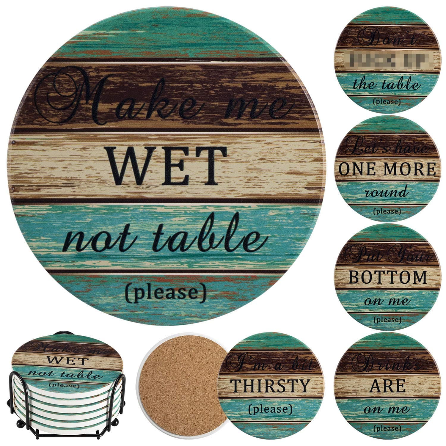 Ceramic Coasters for Drinks Absorbent, Esur Rustic Farmhouse Stone Coaster Set of 6 with Metal Holder for Wooden Table Protection, Funny Style for Bar Home Decor, Housewarming Gift