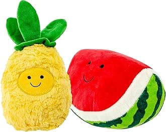 Pet Plush Pet Toy Fruits, Cupcakes, Ice Creams, Mug with Squeaker Dog Chew Toy (7" Pineapple & Watermelon)