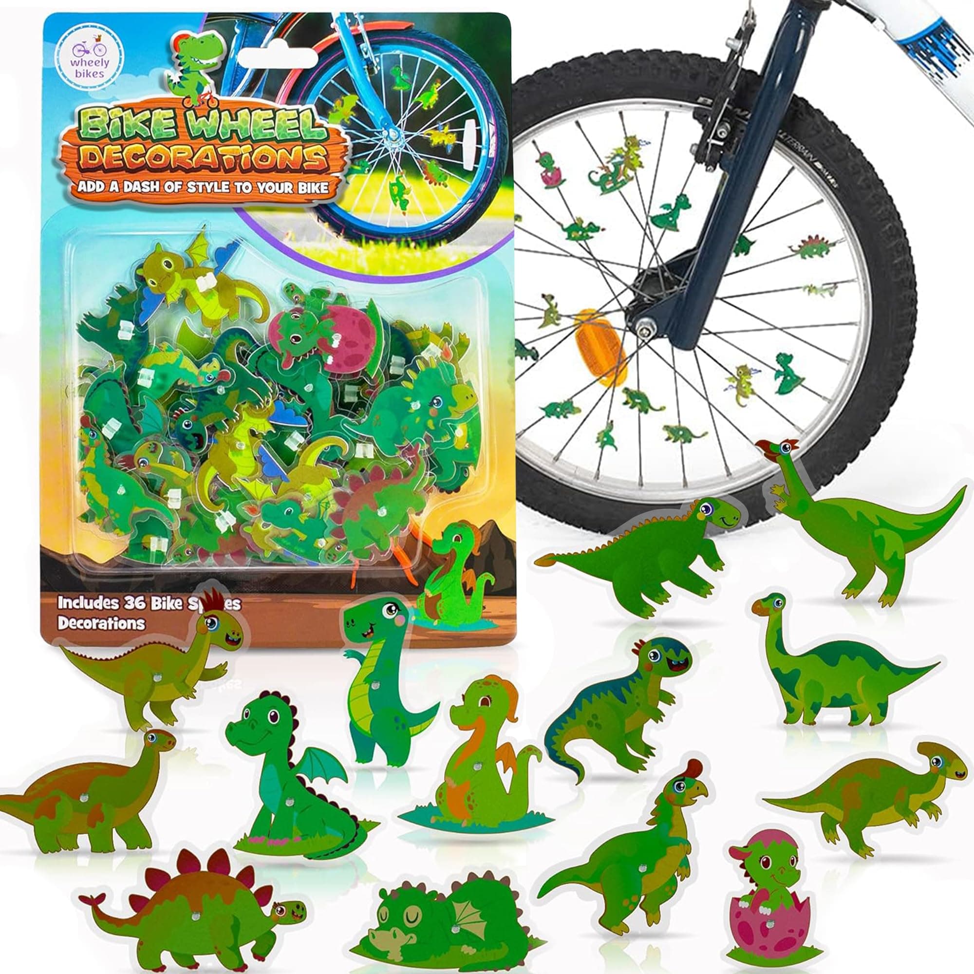 Bike Wheel Spoke Accessories for Kids – Bicycle Decorations & Attachments for Boys & Girls - Party Favors, Goodie Bag Stuffers, Outdoor Toys – Dinosaur, Flower & Butterflies Theme - 36 Pcs