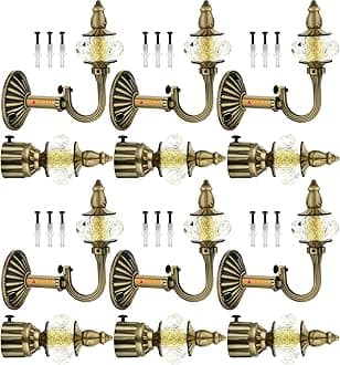 NATURAL Heavy Duty Aluminum Royal Luxury Design Curtain Bracket/Finial and Curtain Support with Screw/Wallplug for Window & Door Curtain Fittings Suitable Upto 1 Inch Pipe. (6 Set, Antique Brass)