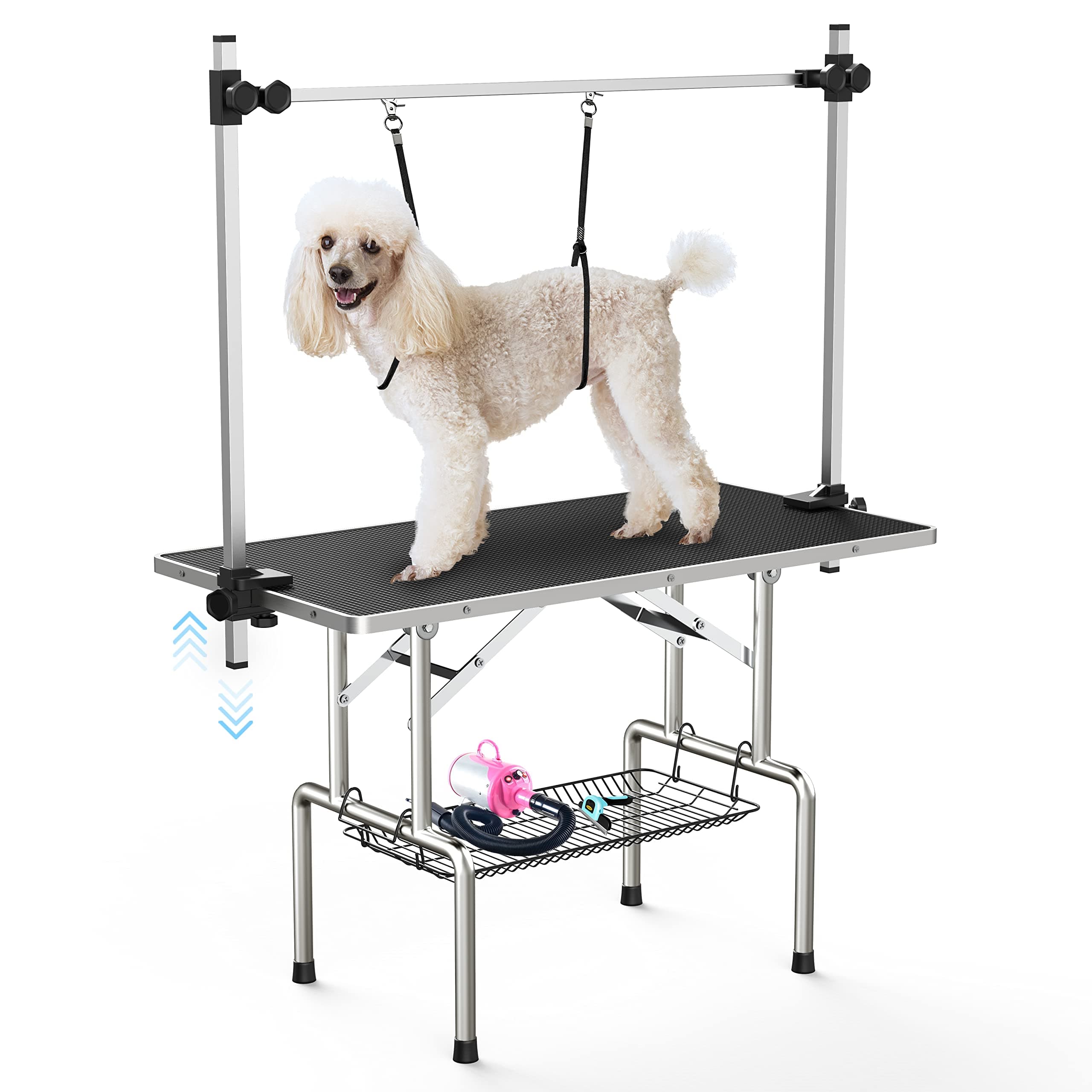 46''Large Dog Grooming Table, Adjustable Cat Drying Desktop with Arms, Nooses, Mesh Tray, Foldable Pet Station at Home, Maximum Capacity Up to 330Lb, 46inch, Black, 46in
