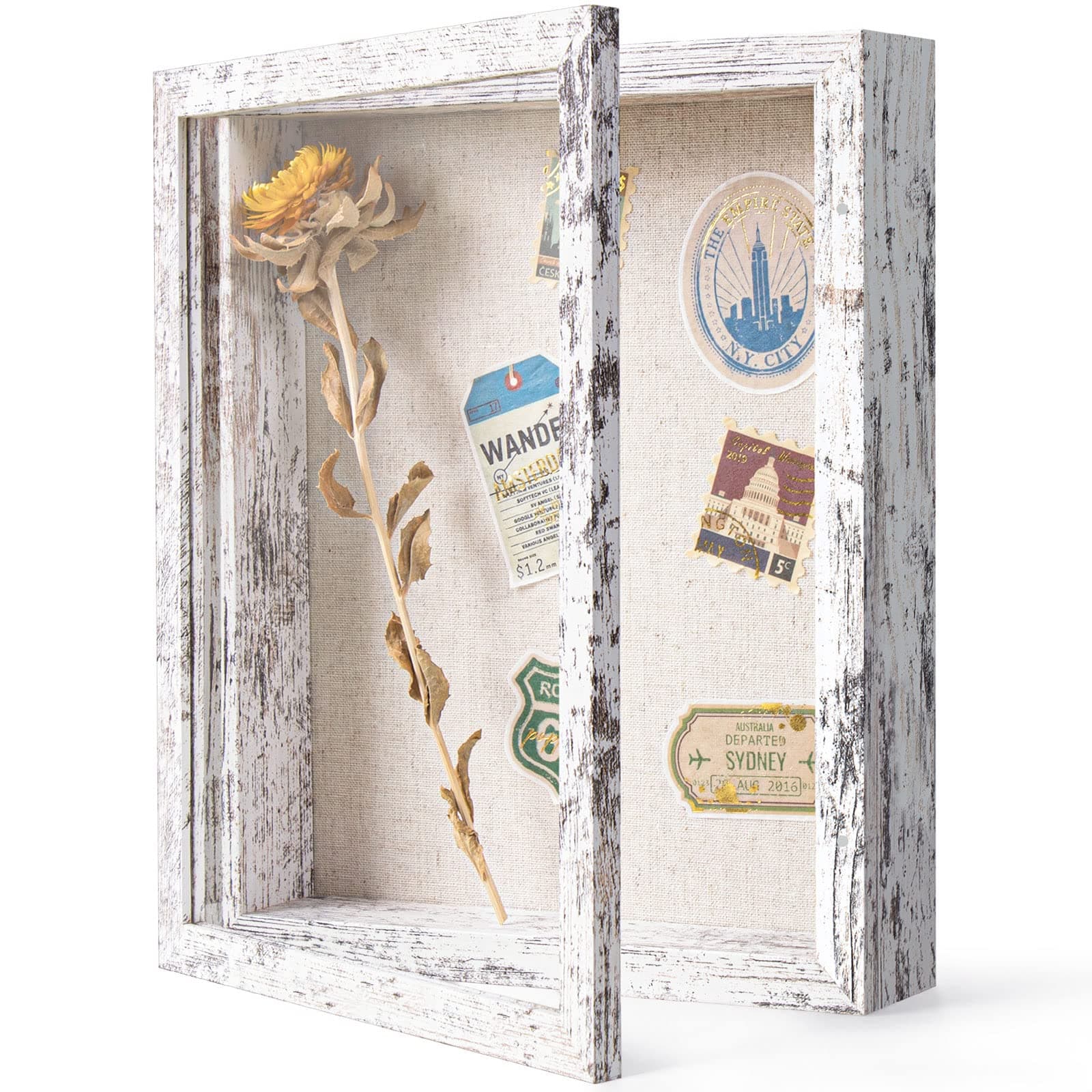 Califortree 8x10 Shadow Box Frame with Linen Back - Sturdy Rustic Memory Display Case of Flower, Pictures, Medals and More, Distressed White