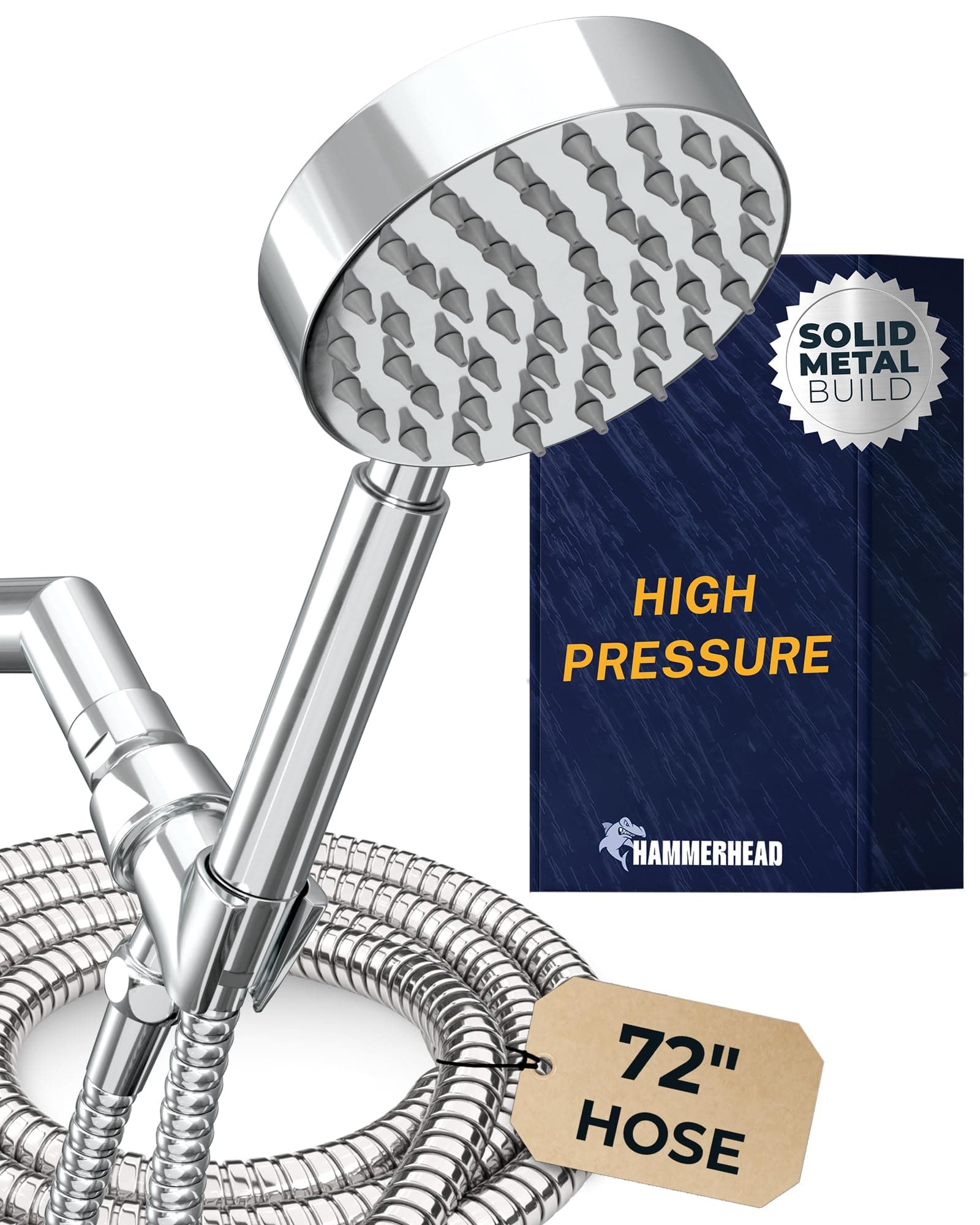 HammerHead Showers® Solid Metal Handheld Shower Head with Hose and Brass Holder - CHROME - 2.5 GPM High Pressure Shower Heads with Adjustable Shower Wand Bracket - 6ft Flexible Extension