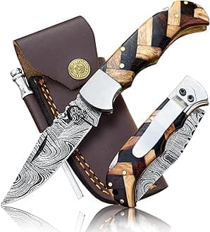 Damascus Pocket Knife for Men Handmade - 6.5 Inches Damascus Folding Knife with Sheath -Ideal for Him as an Anniversary Present - Best for EDC - Camping and Hiking - Pocket Knives with Back Lock