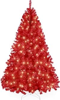 Best Choice Products 7.5ft Pre-Lit Red Christmas Tree, Full Artificial Holiday Decoration w/ 1,350 Branch Tips, 550 Lights, Foldable Base