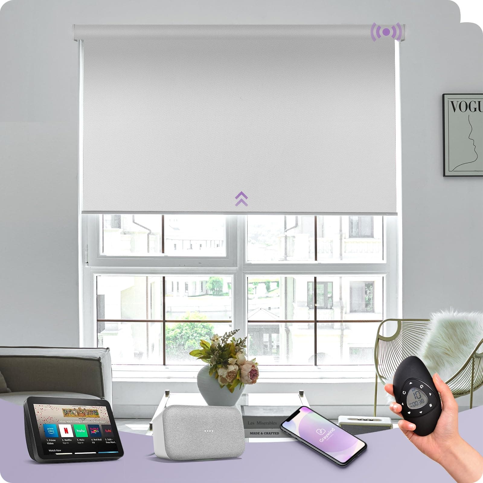 Graywind Motorized Roller Shade Compatible with Alexa Google 100% Blackout Rechargeable Smart Blinds Remote Control Battery Motor Cordless Window Shades, Customized Size (Bright White)