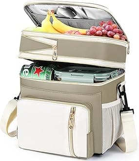 Lunch Box & Lunch Bag for Women Men, Large Insulated Adult Lunch Box Leakproof Lunchbox Cooler Bag for Work Picnic Beach,16L, Beige & White