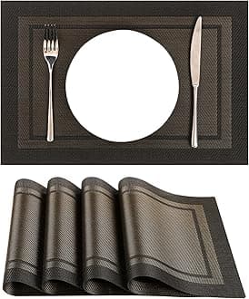 SHACOS Woven Vinyl Placemats Set of 4 Wipe Clean Place Mats for Dining Table Heat Resistant PVC Weave Table Mats Indoor Outdoor (4, Frame Black Gold)