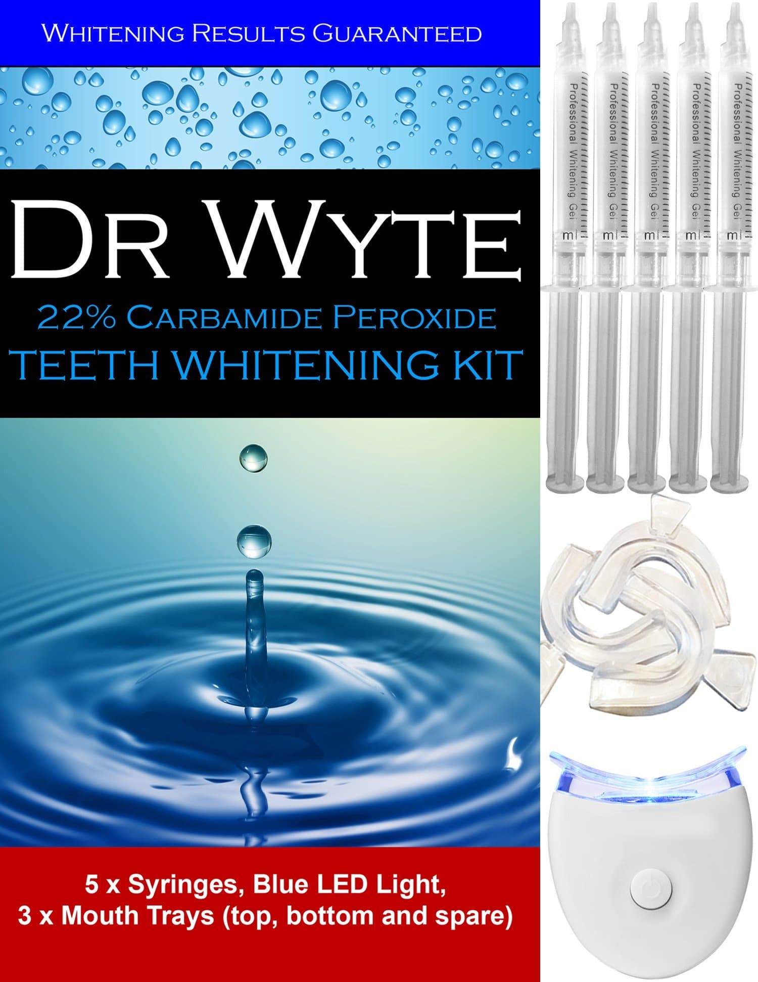 Dr Wyte Teeth Whitening Kit Bundle with 5 Carbamide Peroxide Gel Syringes, Blue LED Whitener Light and 3 Thermoform Moldable Mouth Trays