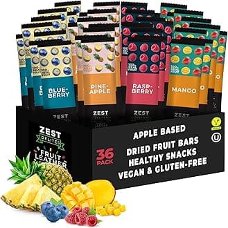 Fruit Snacks by Zest Delites, Fruit Leather Bars, Healthy Snacks for Adults & Kids, Vegan, Dried Apple-Based Pineapple, Mango, Blueberry, Raspberry Strips 0.88 oz x 36