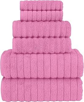 Elegant Comfort 100% Turkish Cotton Corduroy Ribbed Luxury Bath Towels 6-Piece Set, Premium Feel - Quick Dry, Highly Absorbent, Contains 2 Bath Towels, 2 Hand Towels, and 2 Washcloths, Light Pink