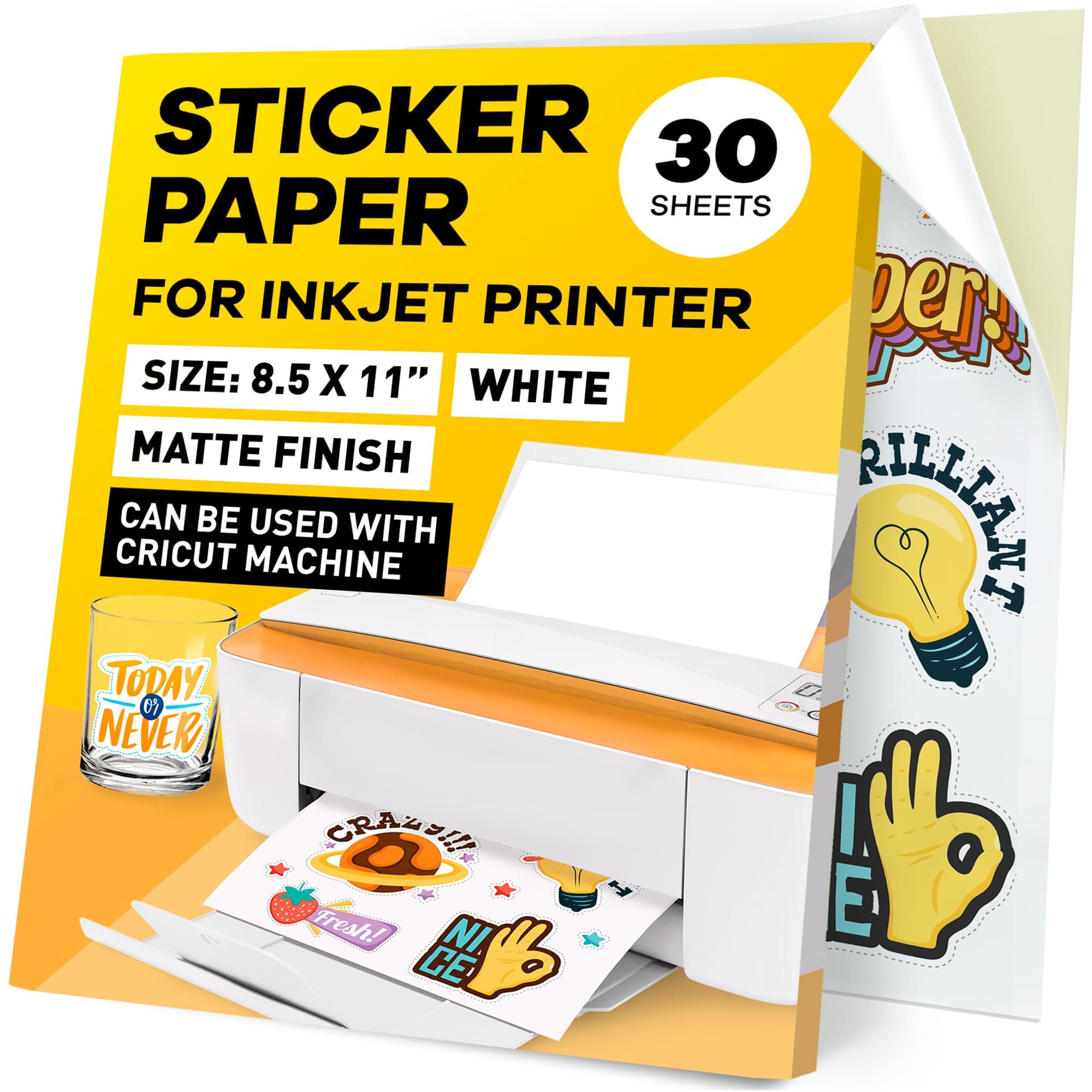 Sticker Paper for Inkjet Printer - (30 Sheets), 8.5 x 11" Letter Size, Glossy Vinyl Sticker Paper - Perfect for Crafting and Vibrant Designs