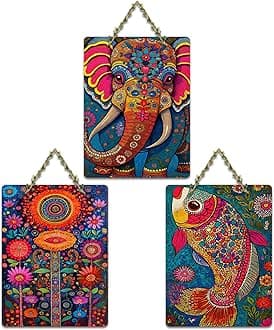 Artvibes Artistic Elephant & Fish Designer Modern Art Wooden Art Decoration Item for Home | Art For Wall | Wall Sculpture | Signs & Plaques | Aesthetic Wooden Decor | Ideal Gifts (WH_9623N), Set of 3