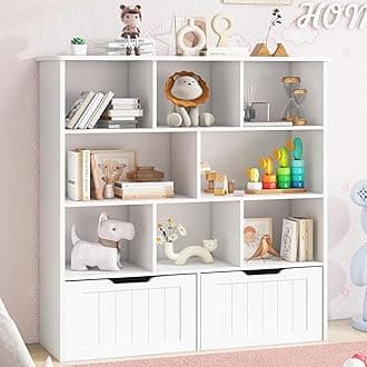 Toy Storage Organizer with Bookshelf, Large Toy Organizers and 2 Movable Drawers with Hidden Wheels and 8 Storage Cubbies, Kids Bookshelf and Toy Storage Chest, Playroom Furniture, White