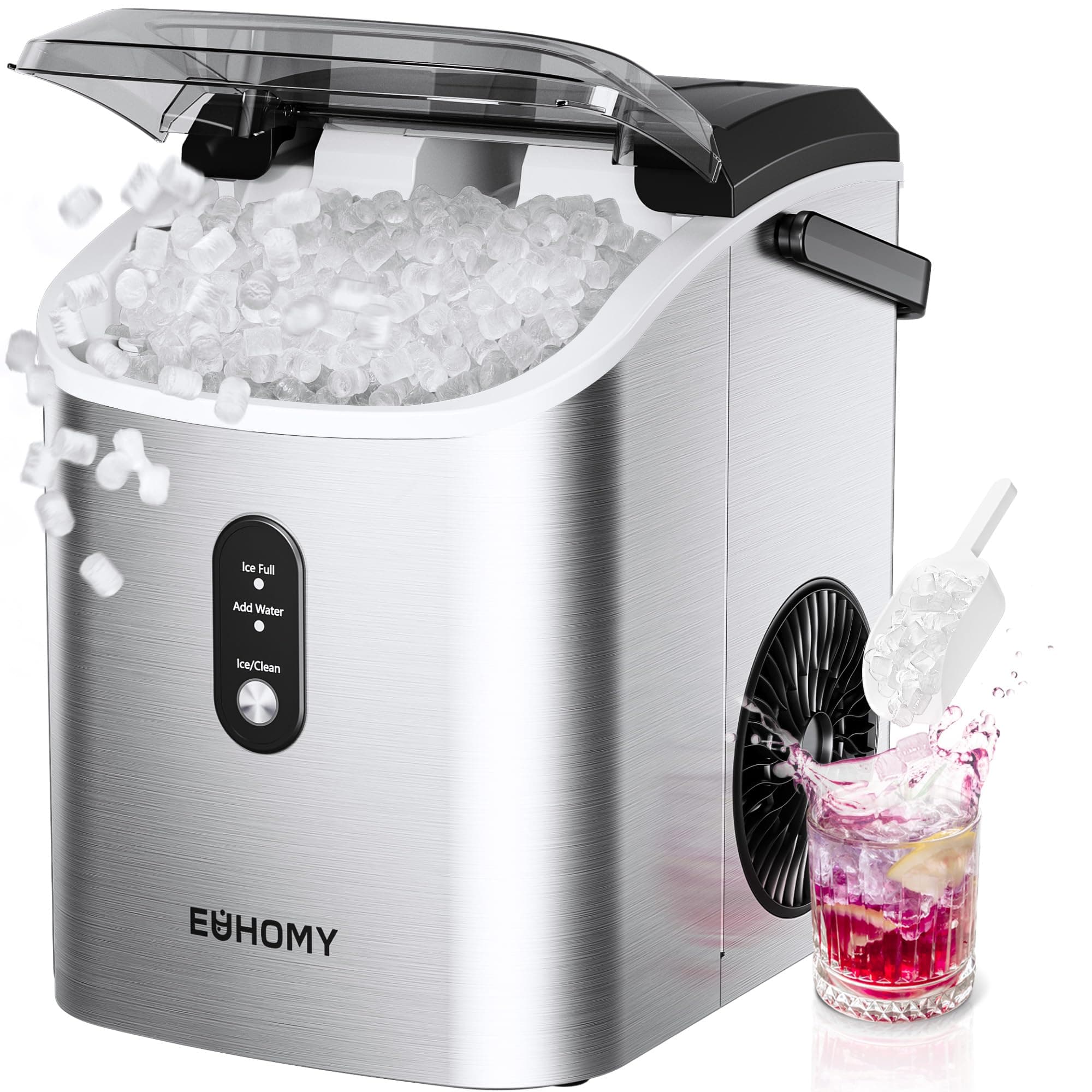 EUHOMY Nugget Ice Maker Countertop with Handle, Ready in 6 Mins, 34lbs Per Day, Removable Top Cover, Auto-Cleaning, Portable Sonic Ice Maker with Basket and Scoop, for Home/Party/RV/Camping (Silver)