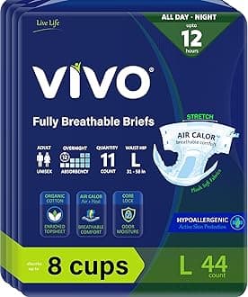 VIVO Organic Cotton Overnight Sensitive Skin Adult Incontinence Diaper Briefs with Tabs, Large 44 Count