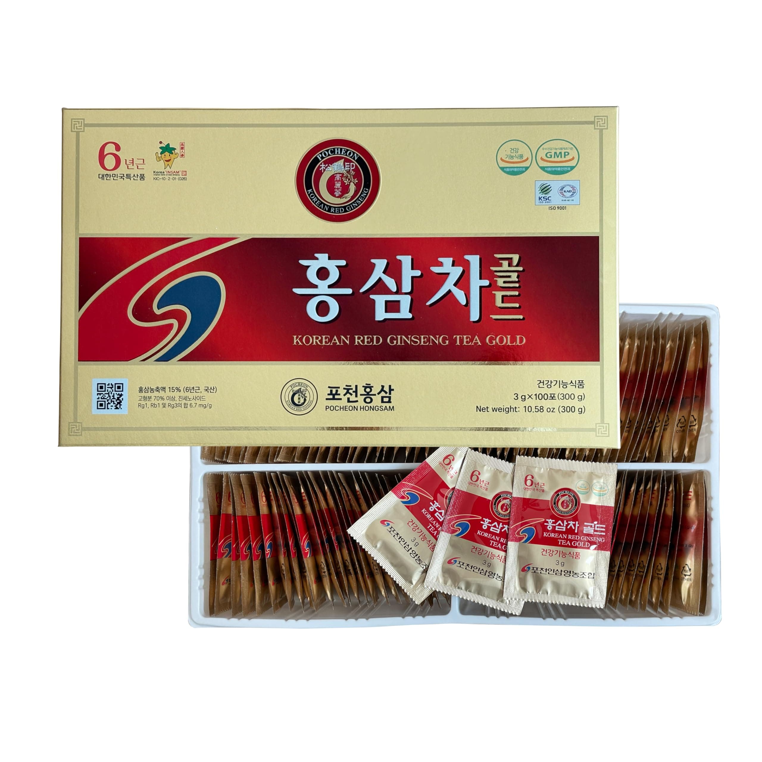 Pocheon 300g(10.6oz), Korean 6Years Panax Red Ginseng Root Extract Tea Gold, 100 Tea Bags, 15% Ginseng Extract, Natural Immune Support