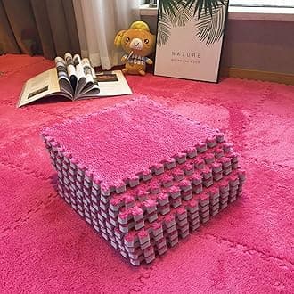 Smabee Interlocking Carpet Shaggy Soft EVA Foam Mats Fluffy Area Rugs Protective Floor Tiles Exercise Play Mat for Children Kids Room Home Parlor Bedroom (12 Pcs, Rose)