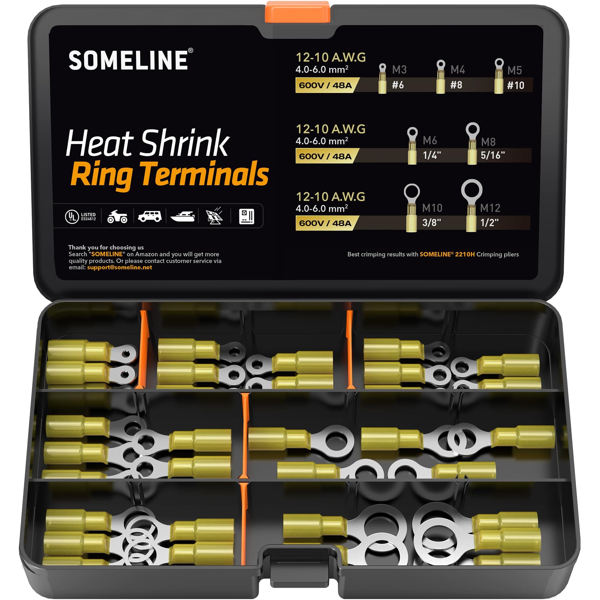 SOMELINE® Ring Cable Lugs 4-6 mm² Cable Lugs Set Yellow Hole Diameter M3 M4 M5 M6 M8 M10 M12 Crimp Connector Waterproof Cable Connector Crimp Connector Set Ring Cable Lugs 7 Size 35 Pieces