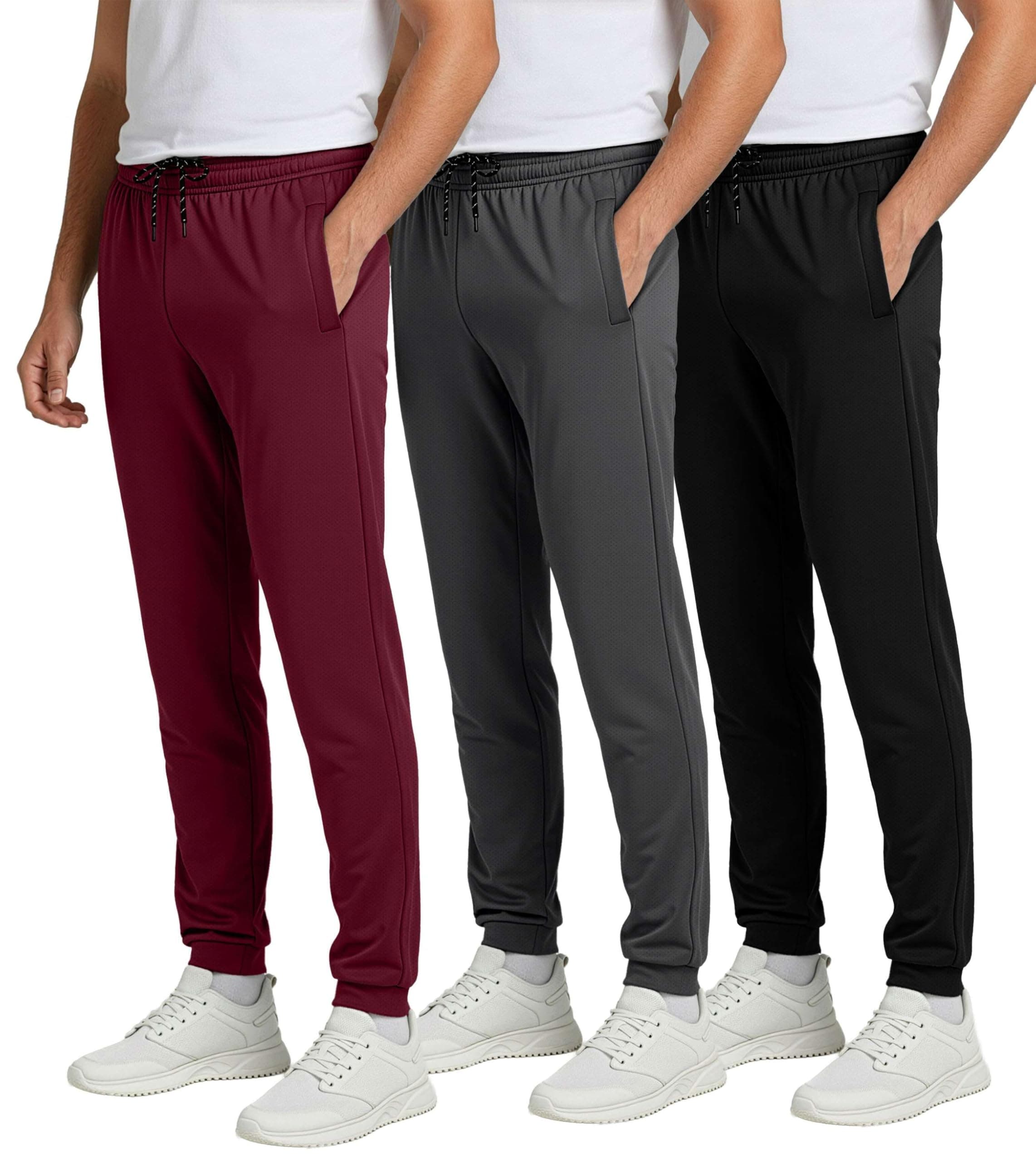Real Essentials 3 Pack: Men's Tech Mesh Active Athletic Casual Jogger Sweatpants with Pockets(Available in Big & Tall)