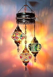 Turkish Ceiling Lamp, Mosaic Pendant Lamp Turkish Chandeliers 3 Globe Moroccan Ceiling Lighting Art Deco Brillant Fixture, 5 inc Globe - Total Dimensions 14x14x35 inch (Colormix 2)