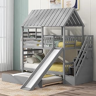 Merax Twin Over Twin House Bunk Bed, Wooden Bed Frame with Trundle and Slide, Storage Staircase, Roof and Window Design, Gray