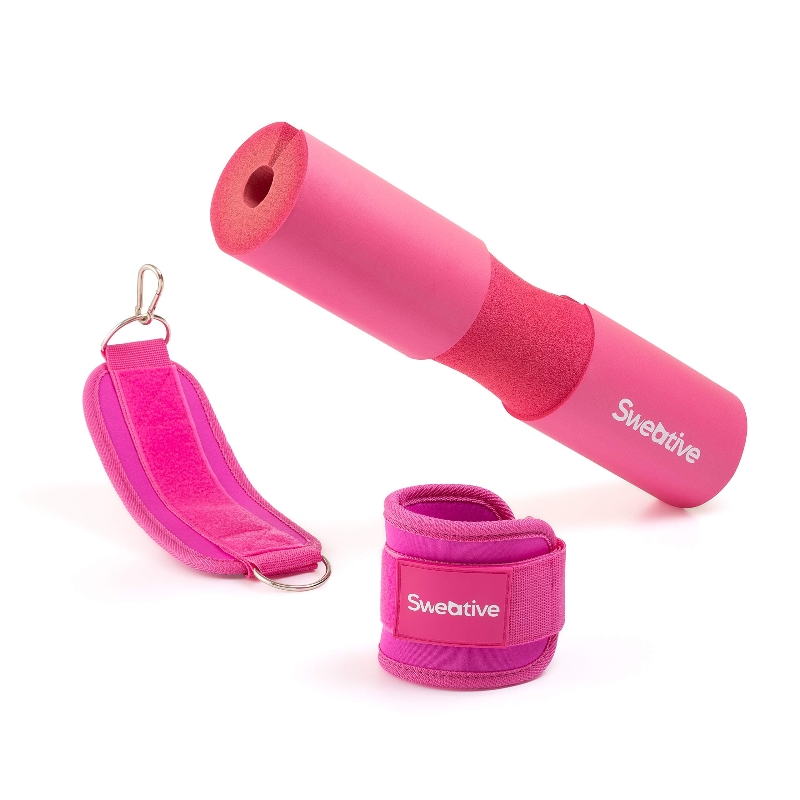 Sweative Barbell Pad with Ankle Straps for Cable Machines Do Squats, Lunges, Hip Thrusts, Glutes & Leg Workouts (Pink)