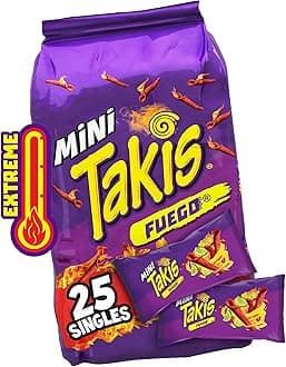 Takis Fuego Mini 25 pc / 1.23 oz Bite Size Multipack, Hot Chili Pepper & Lime Flavored Extreme Spicy Rolled Tortilla Chips (Pack of 2)