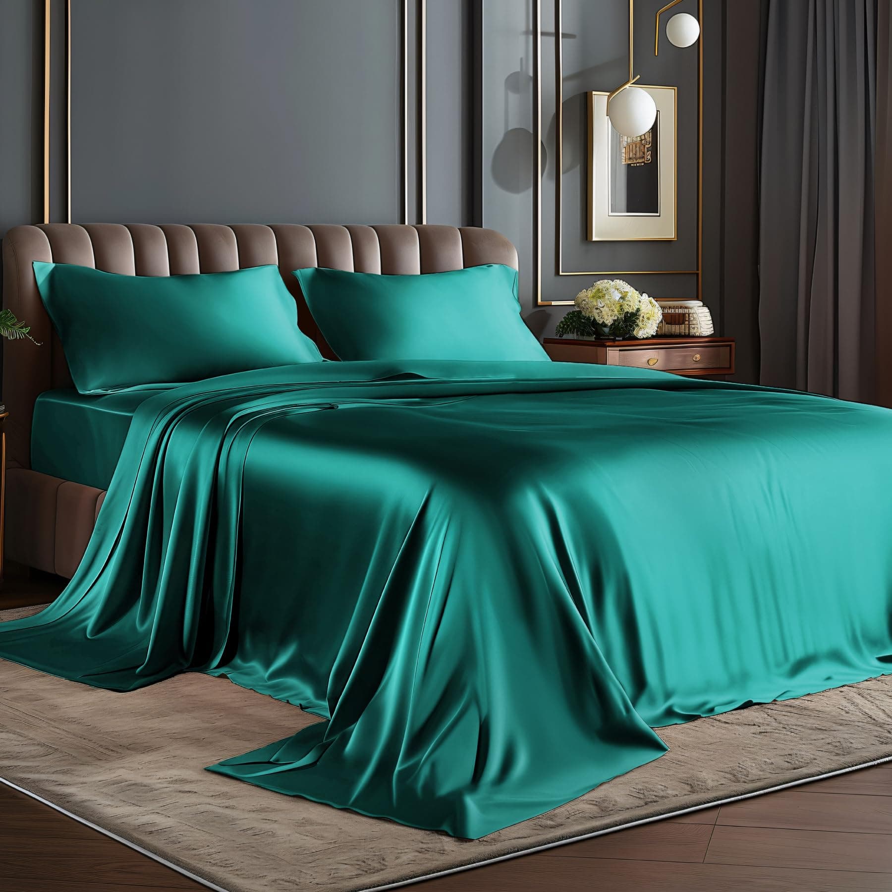 BEDELITE King Size Sheets Set, Luxury Soft Teal Satin Sheets for Hair and Skin, Similar to Silk Bed Sheets Set 4 Pieces with 1 Deep Pocket Fitted Sheet, 1 Flat Sheet, and 2 Pillowcases