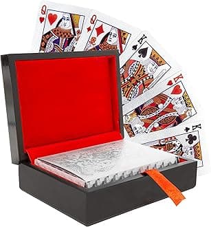 Global Gizmos 51309 Silver Plated Playing Card Set/Stylish Foil Effect/Deluxe Wooden Box/Family Game Night