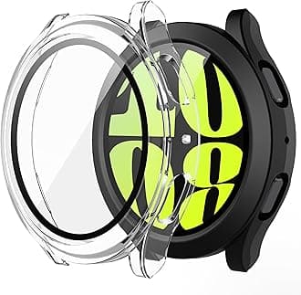 Misxi 2-Pack Hard PC Screen Protector Case with Tempered Glass, Compatible for Samsung Galaxy Watch 6 44mm, Ultra-Thin Scratch Resistant Anti-Slip Cover for Galaxy Watch6, 1 Black + 1 Transparent