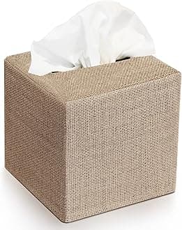 KIBAGA Stylish Burlap Tissue Box Cover - Square Holder for Standard Tissue Boxes - Light-Brown Decorative Cover
