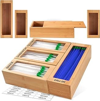 Storage Bag Organizer, Bamboo Baggie Organizer for Drawer, 4 Modular Blocks for Kitchen Organization, Plastic Bag Storage Organizer, Quick Refill - Fits Gallon, Quart, Sandwich, Snack Size Bags