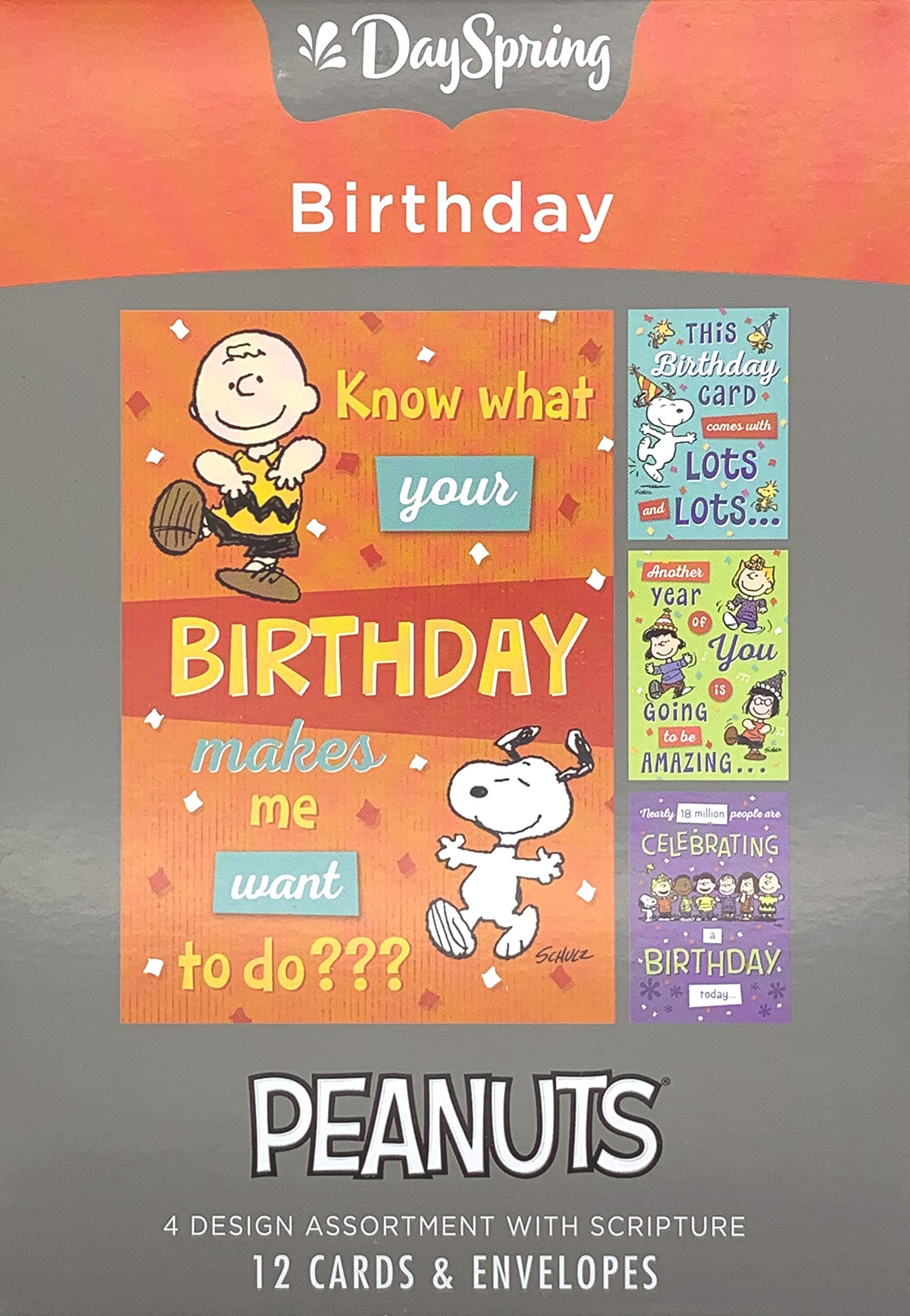 Peanuts - Happy Birthday - 4 Design Assortment with Scripture - 12 Boxed Cards & Envelopes (J0381)
