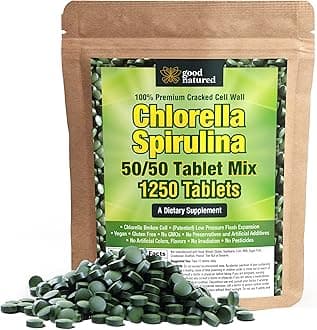 Chlorella Spirulina Tablets 80-DAY-SUPPLY 1250 Tablets - Non GMO - Sunlight Grown - Deep Green Color - Cracked Cell Wall - Alkalyzing - High Protein -...