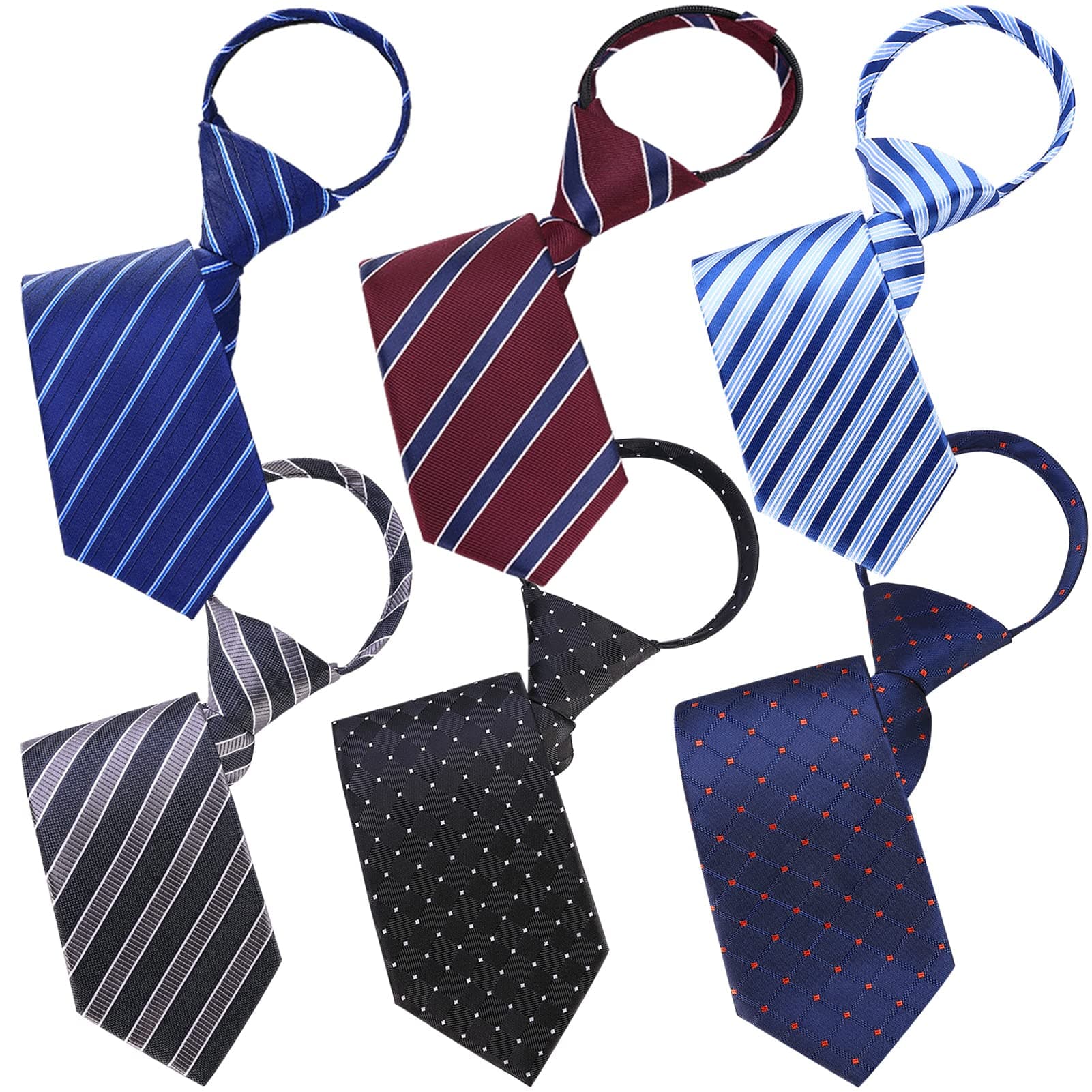 AUSKY 6 PACKS Men Necktie,Regular/Extra Long Adjustable Pre Tied Clip on Easy Zipper Neck Ties for Men (3.15in Wide)