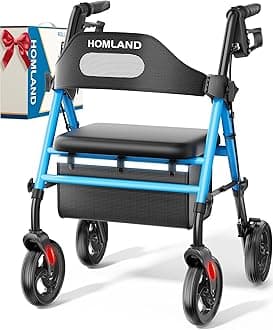 HOMLAND Foldable Rollator Walkers with Seat for Seniors, 8'' Big Wheels, 350 lb. Weight Capacity, Adjustable Handles and Seat Height, Lightweight Rolling Walker, Light Blue