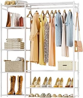 Neprock Clothing Racks for Hanging Clothes with Shelves, Portable Closet System Organizer Garment Rack for Clothes Storage, Metal Free Standing Wardrobe Clothes Organizer(White)