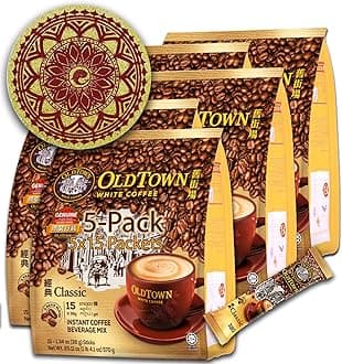 5-Pack OLDTOWN White Coffee 3 in 1 Asian Instant Coffee Package with a Cork Coaster, old town White Coffee 75 Packets with a Random Flavor Sample Packet (5-PACK, Clasic)