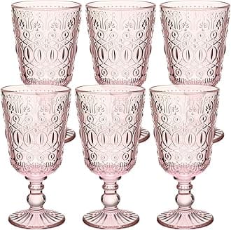 Eaasty Wine Glasses Set of 6 Vintage Goblet 9 oz Vintage Colored Glass Goblet Beverage Stemmed Glass Cups Romantic Embossed Glassware for Wedding Party Holidays Anniversary (Pink)