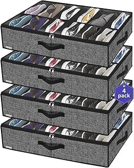 Onlyeasy Under Bed Shoe Storage Organizer For Closet, 4 Pack Fit 12x4 Pairs, Underbed Solution Shoes Container Bags with Sturdy Sidewall & Reinforced Handles, Breathable, Linen-like Black, MXAUBSB4P
