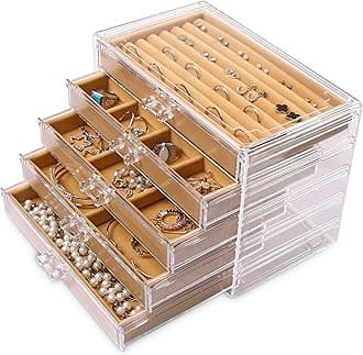 FrebeautyFrebeauty Extra Large Acrylic Jewelry Box for Women 5 Layers Clear Jewelry Organizer Velvet Earring Box with 5 Drawers Rings Display Case Necklaces Holder Tray for Women Girls(Khaki)