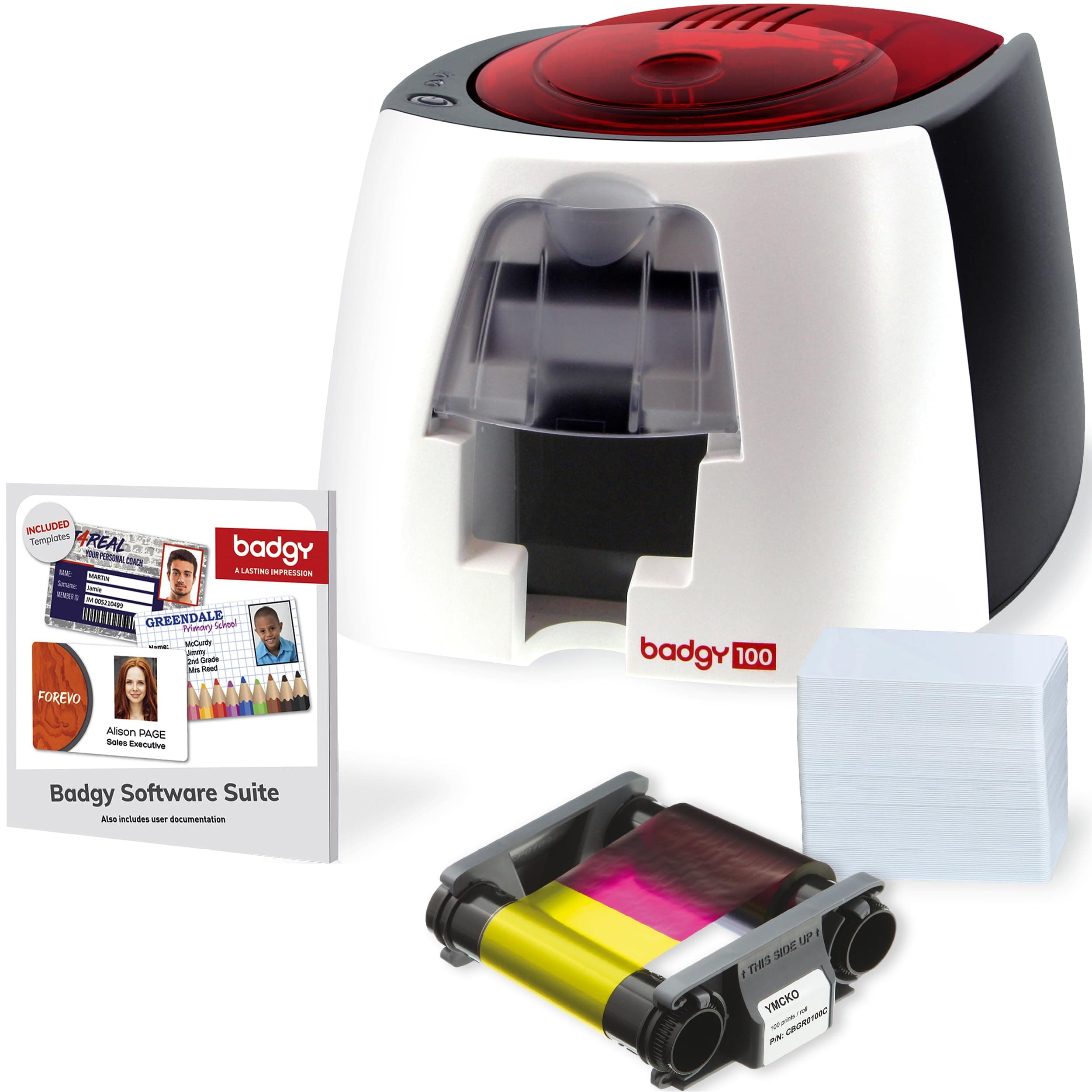 Badgy 100 - ID Badge Printer - Custom Badge Maker - Includes Printer, Design Software, 50 White Cards and Colour Ribbon for 50 Prints