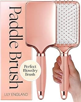 Lily England Paddle Hair Brush for Women with All Hair Types - Professional Hairbrush for Blow Drying, Detangling & Straightening - Smooth Brush with Gel Handle for Easy Grip, Rose Gold-White