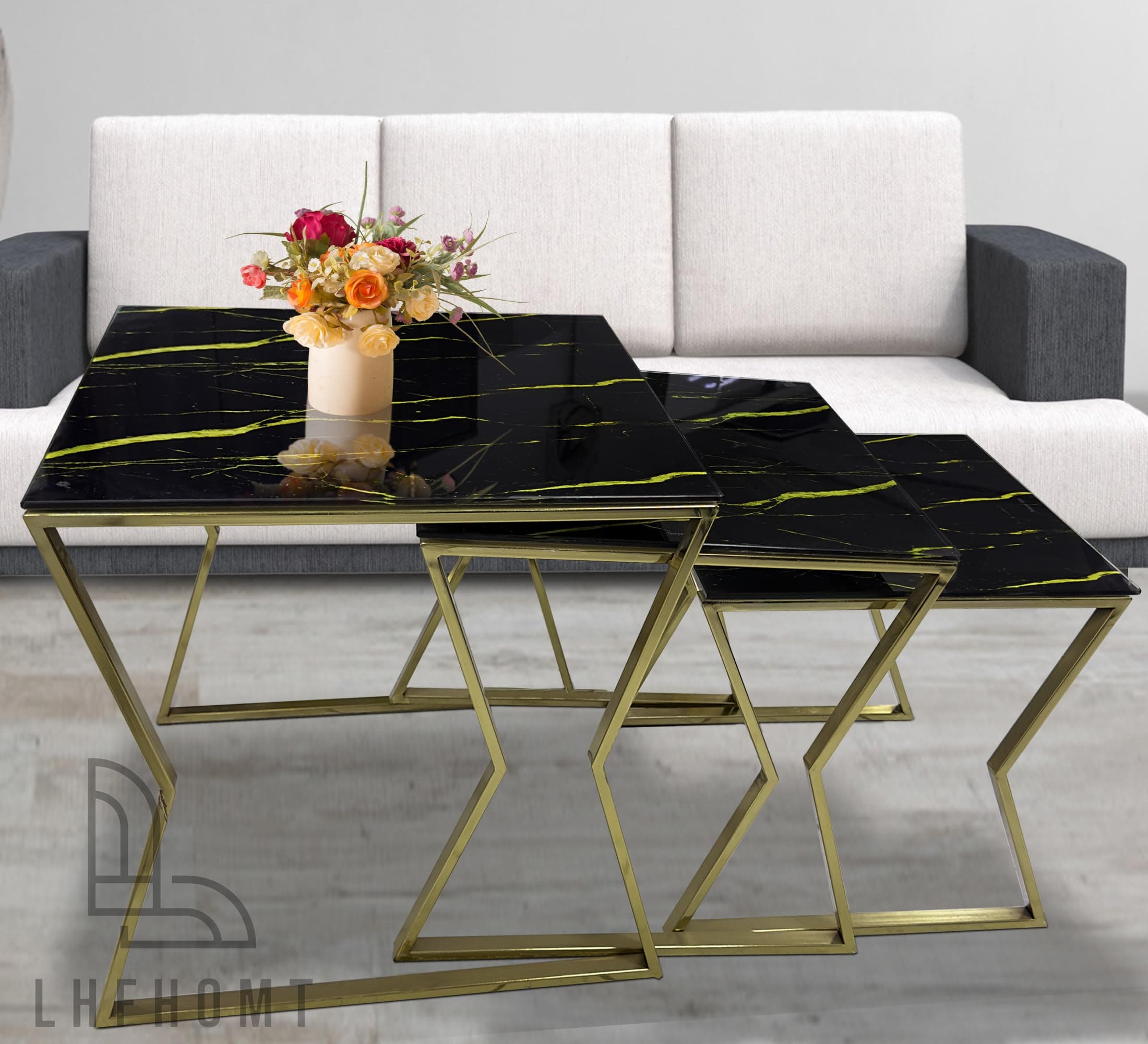 Coffee table set Nesting Coffee Table Set of 3 Pices, Round Coffee, Glass Top, Gold Metal Frame End Table Desk for Living Room, Balcony, Office, Sofa Side (Black+Golden)