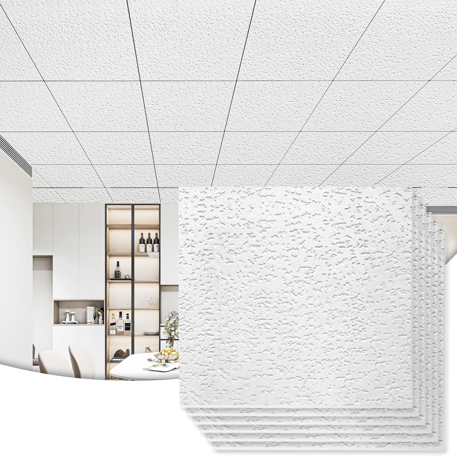 Art3d 12-Pack Stucco Texture Drop Ceiling Tiles 2x2 FT - Fire-Rated, Waterproof, Reusable - Premium PVC 24x24 Inch Ceiling Panels for Living Room Kitchen Bathroom Basement Office, White