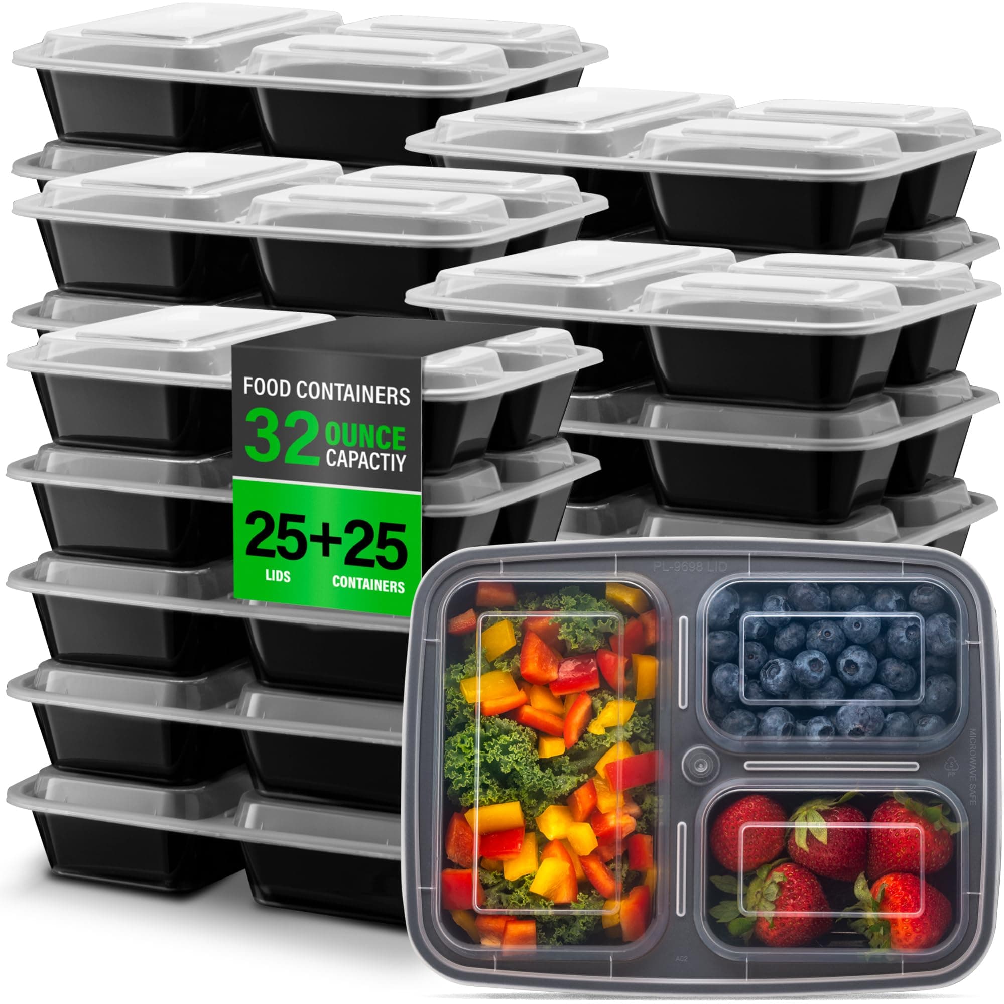 Ez Prepa 25 Pack 32oz 3 Compartment Meal Prep Containers with Lids -Food Storage Containers Plastic, Bento Box, Lunch Containers, Microwavable, Freezer and Dishwasher Safe, Food Containers