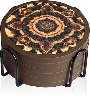Absorbent Coasters for Drinks with Holder - 6packs, Silicone Coaster with Soft Felt Insert (4.3 inch Coasters with 4.5 inch Holder, Dual-Sided Mandala -Themed Patterns)